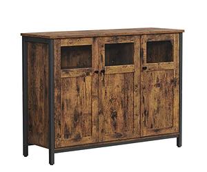 VASAGLE Aramrio de Almacenamiento, Aparador con Puertas de Cristal, para Comedor, Salón, Cocina, Estilo Industrial, Marrón Rústico y Negro Tinta LSC099B01