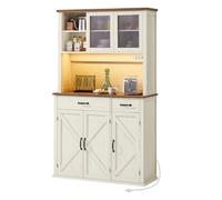 VASAGLE Armario con Luces y Cargador, Armario de Cocina, con Puertas y Cajones, 39,5 x 106,5 x 180,6 cm, Estantes Ajustables, Estilo Rústico, Blanco Rústico y Marrón Miel BBK391W02