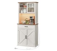 VASAGLE Armario con Luces y Cargador, Armario de Cocina, con Puertas y Cajones, 39,5 x 80,4 x 180,6 cm, Estantes Ajustables, Estilo Rústico, Blanco Rústico y Marrón Miel BBK363W22
