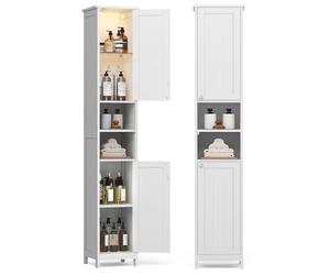 VASAGLE Armario de Baño Alto con Iluminación, Armario de Almacenaje Delgado, con Estantes Ajustables, Compartimentos Abiertos, para Espacios Pequeños, Moderno, Blanco Nube BBC566W03