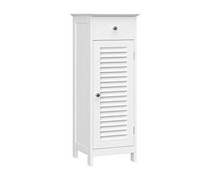 VASAGLE Armario de Baño, Armario de Pie, Almacenamiento de Baño, Marco de Madera con Puerta de Persiana, Cajón, Tablero de MDF, Blanco BBC43WT