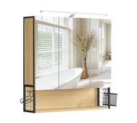 VASAGLE Armario de Baño con Espejo y Luz LED, 3 Puertas, 70 x 16,3 x 70 cm | Mueble de Pared, Enchufe Integrado, Cesta Colgante y Soporte para Secador, Roble Natural y Negro Mate, Dacey BBK124Y01