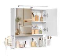VASAGLE Armario de Baño con Espejo y Luz LED, Enchufe Integrado, Cesta Colgante y Soporte para Secador, Mueble de Pared, 13 x 56 x 58 cm, 2 Puertas con Espejo, Blanco BBK224WB01