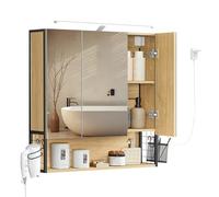 VASAGLE Armario de Baño con Iluminación LED, 14,5 x 70 x 70 cm, Espejo 3 Puertas, Mueble de Pared con Espejo, Enchufe, Cesta, Soporte para Secador, Roble Natural BBK124Y01