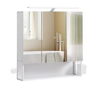 VASAGLE Armario de Baño con Iluminación LED, 14,5 x 70 x 70 cm, Espejo 3 Puertas, Mueble de Pared con Espejo, Enchufe, Cesta, Soporte para Secador, Blanco Nube BBK124W14