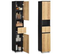 VASAGLE Armario de Baño, Mueble de Almacenamiento, 30 x 30 x 170.2 cm | Con un Cajón, Compartimientos, Estantes Ajustables, Tinta negra y Shatao Brown A, Colección KAILYN, BBK560BC01