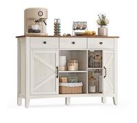 VASAGLE Armario de Bar Café, Mueble de Cocina con 3 Cajones, Armario del Campo Aparador con Estante Ajustable para Cocina, Blanco Rústico y Marrón Miel BBK371W02V1