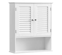 VASAGLE Armario de Pared para Baño, Armario Colgante, Armario de Almacenamiento con Estante Ajustable, Puertas de Doble Persiana y Estante Abierto, 20 x 60 x 70 cm, Blanco BBC27WT