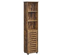 VASAGLE Armario de Suelo, Armario de baño con 3 Compartimentos Abiertos y 2 estantes Ajustables detrás de la Puerta, Armario de Almacenamiento para salón, Entrada, Cocina, Dormitorio, marrón rústico