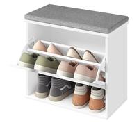 VASAGLE Banco Zapatero Acolchado, Cajón Abatible, para 6 Pares de Zapatos | Mueble de Recibidor, 3 Niveles, 30 x 60 x 53,5 cm, Blanco Nube y Gris Paloma, Colección SOFIE LSB121WB01
