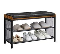 VASAGLE Banco Zapatero, Acolchado con Estante de Malla, Zapatero con Asiento, Vestíbulo, Marco Metálico, Fácil Montaje, Ahorra Espacio, Industrial, Imitación de Cuero Negro, Marrón Rústico LBS75X