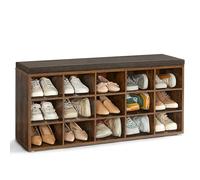 VASAGLE Banco Zapatero, Asiento Acolchado, 15 Compartimentos | Organizador, 15 Compartimentos Abiertos, Compacto, para Entrada, Pasillo, Armario, Marrón Rústico, Colección CUSTOS LHS15BX