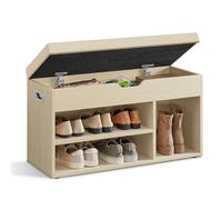 VASAGLE Banco Zapatero con Cojín, Banco de Almacenamiento, 3 Compartimentos, Almacenamiento Oculto, Estantes, para Sala de Estar, Pasillo, Dormitorio, Carga 136 kg, Beige Natural LHS030K02