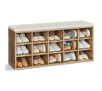 VASAGLE Banco Zapatero, Mueble Zapatero, Banco Recibidor con 15 Compartimentos y Asiento Acolchado, 30 x 105 x 48 cm, Entrada, Dormitorio, Sala de Estar, Marrón Miel y Beige Capuchino LHS015K02