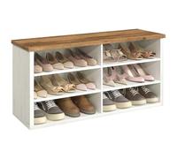 VASAGLE Banco Zapatero, Zapatero con Asiento, 6 Compartimientos, Estantes Ajustables, para Entrada, Sala de Estar, 29,5 x 100 x 50 cm, Blanco Rústico y Marrón Miel LSB036W02
