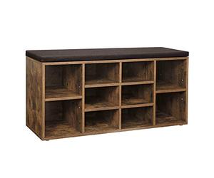 VASAGLE Banco Zapatero, Zapatero con Asiento, con Cojín y 10 Compartimientos, Estantes Ajustables, para Entrada, Sala de Estar, 30 x 104 x 48 cm, Marrón Rústico y Marrón LHS10BX