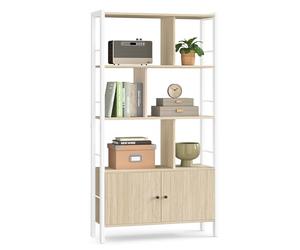 VASAGLE Biblioteca, Librería de 4 Niveles, Estantería con Puertas, Armario de Libros, Marco de Acero, para Salón, Estudio, Oficina, Cocina, Moderno, Beige Natural y Blanco Nube LBC022LL01