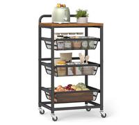 VASAGLE Carrito de Almacenaje de 4 Niveles, con Cestas Extraíbles, Estante de Cocina con Ruedas y Asa, 31,7 x 40 x 76 cm, Marrón Rústico y Negro Tinta LRC040K01