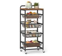 VASAGLE Carrito de Almacenaje de 5 Niveles, con Cestas Extraíbles, Estante de Cocina con Ruedas y Asa, 31,7 x 40 x 95 cm, Marrón Rústico y Negro Tinta LRC041K01