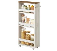 VASAGLE Carrito de Almacenaje Delgado de 4 Niveles, Estante de Cocina con Ruedas, con Asa, Espacio Pequeño, 15 x 43,2 x 86,5 cm, Baño, Lavandería, Blanco Rústico y Marrón Miel LRC050K01
