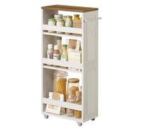 VASAGLE Carrito de Almacenaje Delgado de 4 Niveles, Estante de Cocina con Ruedas, con Asa, Espacio Pequeño, 20 x 43,2 x 86,5 cm, Baño, Lavandería, Blanco Crema Rústico y Marrón Miel LRC051K01