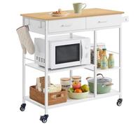 VASAGLE Carrito de Cocina con Ruedas, Isla de Cocina Móvil, 45 x 98,7 x 90 cm, con Toallero, 2 Cajones, 2 Ganchos, para Comedor, Beige Rbole y Blanco Mate KKI010Y01