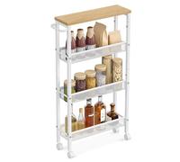 VASAGLE Carro de 4 Niveles, Carro Estrecho de Cocina con Ruedas, con Asa, para Espacio Reducido, 13 x 45,4 x 77 cm, para Cocina, Baño, Salón,Estudio, Roble Beige y Blanco LRC032W09