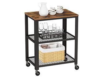 VASAGLE Carro de Servicio de 3 Niveles Vintage, Carro Cajonera Rústica, Estante de Almacenamiento Resistente, con Bandeja de Madera, Ruedas, para Cocina y salón, Vintage LRC78X