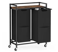 VASAGLE Cesto de Ropa, 110 L, Carrito Organizador con 2 Compartimentos, Ruedas, Bolsas Extraíbles, Bolsillos, Negro Tinta y Marrón Rústico Negro