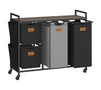 VASAGLE Cesto para Ropa Sucia, 150 L, 4 Compartimentos, con Estante | Bolsa Colada con Ruedas, Bolsillos Extraíbles, 6 Etiquetas, Marrón, Negro Tinta y Gris Paloma, Colección STEVIE BLH203B01