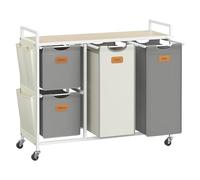 VASAGLE Cesto para Ropa Sucia, 150 L, 4 Compartimentos, Estante Ruedas | Bolsa Colada, con Bolsillos Extraíbles, 6 Etiquetas, Beige Natural, Gris Paloma y Blanco Crema, Colección STEVIE BLH203G01