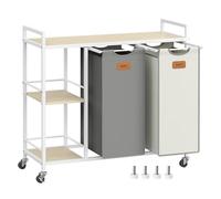 VASAGLE Cesto para Ropa Sucia, 2 Compartimentos, Cesta Ropa Sucia 100 L, con Estantes Ruedas, Bolsa Colada, con Bolsillos Extraíbles, 6 Etiquetas, Beige Natural, Gris Paloma y Blanco Crema BLH311G01