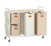 VASAGLE Cesto para Ropa Sucia, 4 Compartimentos, Cesta Ropa Sucia 150 L, con Estante Ruedas, Bolsa Colada, con Bolsillos Extraíbles, 6 Etiquetas, Beige Natural, Marrón Camello y Blanco Crema BLH203N01