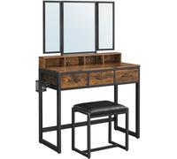 VASAGLE Conjunto de tocador con taburete y 3 cajones de color marrón y negro