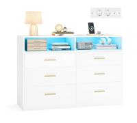 VASAGLE Custos Colección - Cómoda para Dormitorio, con LED y Regleta de Enchufes, Mueble Moderno para TV de Salón, 6 Cajones, 40 x 119 x 81,2 cm, Blanco Nube LTS316WB01