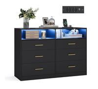 VASAGLE Custos Colección - Cómoda para Dormitorio, con LED y Regleta de Enchufes, Mueble Moderno para TV de Salón, 6 Cajones, 40 x 119 x 81,2 cm, Negro Tinta LTS316BC01