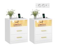 VASAGLE Custos Colección - Mesita de Noche con Estación de Carga, Luz LED, Mesa Auxiliar con Cajones, Estante Abierto, 2 Tomas CA y Puertos USB, Blanco LET829WB01
