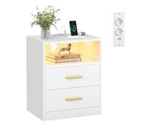 VASAGLE Custos Colección - Mesita de Noche con Estación de Carga, Luz LED, Mesa Auxiliar con Cajones, Estante Abierto, 2 Tomas CA y Puertos USB, Blanco Nube LET629WB01