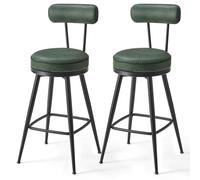 VASAGLE EKHO Colección - Juego de 2 Taburetes de Bar, Sillas Giratorias de Barra con Respaldo, Cuero Sintético con Costuras, Moderno Siglo Medio, Altura 65 cm, Barra Cocina, Verde Bosque LBC089C01