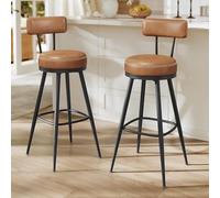 VASAGLE EKHO Colección - Juego de 2 Taburetes de Bar, Sillas Giratorias de Barra con Respaldo, Cuero Sintético con Costuras, Moderno Siglo Medio, Altura 76 cm, Barra Cocina, Marrón Caramelo LBC889K01