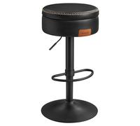 VASAGLE EKHO Colección - Silla de Bar 360° Giratoria, Sillas de Barra de Altura Ajustable con Almacenaje, Cuero Sintético con Costuras, Moderno Siglo Medio, Cocina Bar, Fácil Montaje, Negro Tinta