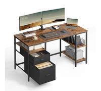 VASAGLE Escritorio, con 3 Estantes, 2 Cajones, 140 x 60 x 76 cm | Mesa de Ordenador, Mesa de Oficina, Estilo Moderno, Marrón Rústico y negro mate, Colección BARNET LWD104B01