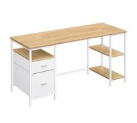 VASAGLE Escritorio, con 3 Estantes, 2 Cajones, 160 x 60 x 76 cm | Mesa de Ordenador, Mesa de Oficina, Estilo Moderno, Roble Natural y Blanco Mate, Colección BARNET LWD105YD01