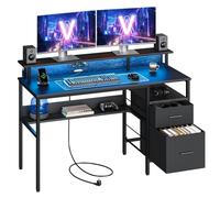 VASAGLE Escritorio con Cajones de Tela, Luces LED y Tomas Corriente Incorporadas, Estante para Monitor, 55 x 135 x 90 cm, 2 Puertos USB-A, para Oficina Casa, Negro Ébano LWD094B56