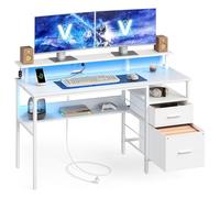 VASAGLE Escritorio con Cajones de Tela, Luces LED y Tomas Corriente Incorporadas, Estante para Monitor, 55 x 135 x 90 cm, 2 Puertos USB-A, para Oficina Casa, Blanco Arce LWD094W01