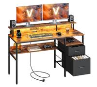 VASAGLE Escritorio con Cajones de Tela, Luces LED y Tomas Corriente Incorporadas, Estante para Monitor, 55 x 135 x 90 cm, 2 Puertos USB-A, para Oficina Casa, Marrón Rústico LWD094K02