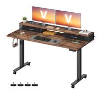 VASAGLE Escritorio Eléctrico, Regulable en Altura, 140 x 60 x (72-120) cm, Ajuste Sin Escalonamiento, con Soporte para Monitor, Regleta, Gancho, Función Memoria, Marrón Rústico LSD184KD02
