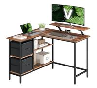 VASAGLE Escritorio en Forma de L, con 2 Cajones, Soporte para Monitor | Mesa para Esquina, con Estante Ajustable, para Oficina Casa, Marrón Rústico y negro mate, Colección BARNET LWD097B01
