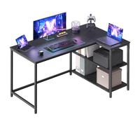 120 x 80 cm Escritorio en L gaming con estantería y baldas regulables Negro Ébano