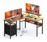 VASAGLE Escritorio en Forma de L con Tomas de Corriente, con Soporte de Monitor, Escritorio Esquinero, para Juegos con Luces LED, 2 Cajones, Fácil de Montar, Oficina en Casa, Marrón Rústico LWD095K01